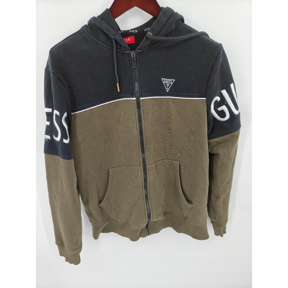 Guess Mens Colorblock Full Zip Hoodie Black Olive Green X4GQ07 K9JY2